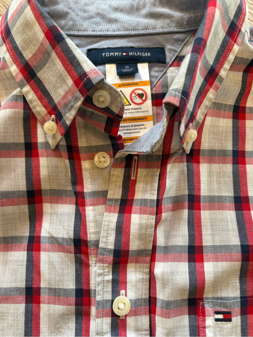 Tommy Hilfiger Magnet Closure Adaptive  Cotton Plaid Shirt. Red, White And Blue